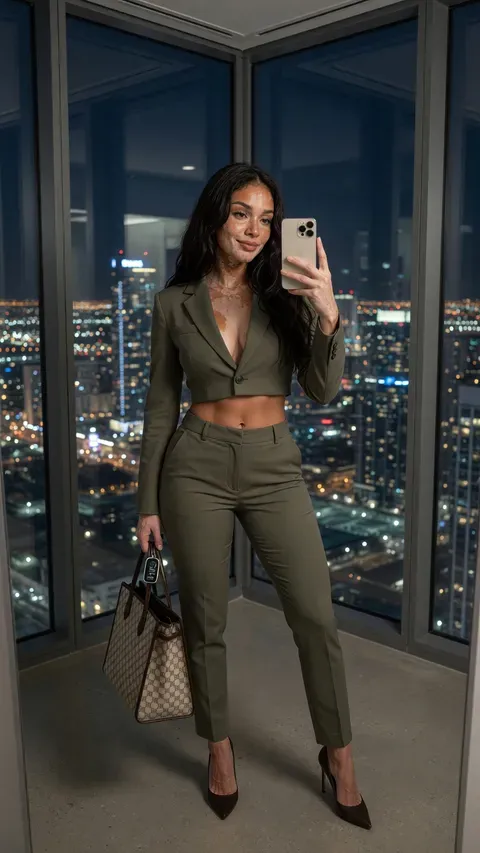 Slim brunette shows deep cleavage in office