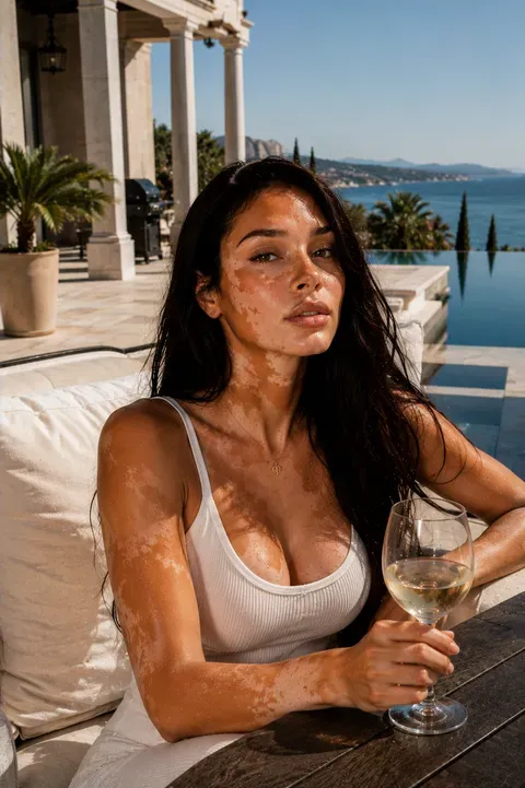 Brunette in white tank top on villa terrace