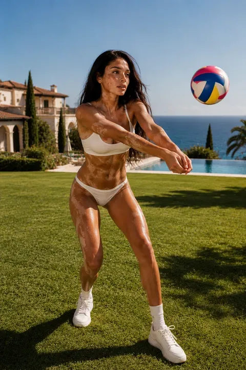 Slim brunette in micro bikini playing volleyball outdoors