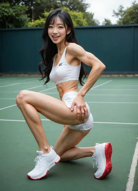 Asian model squats on tennis court