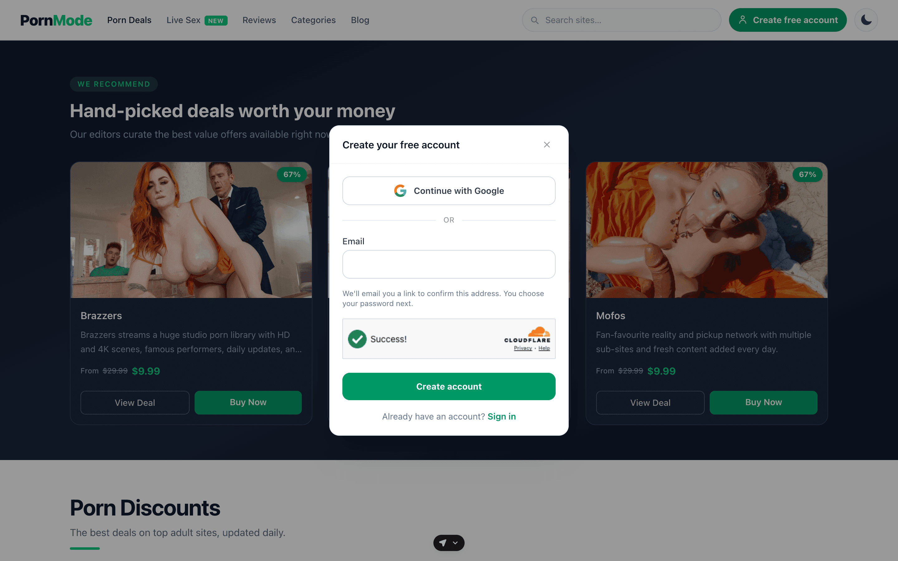 Creating a free account on PornMode